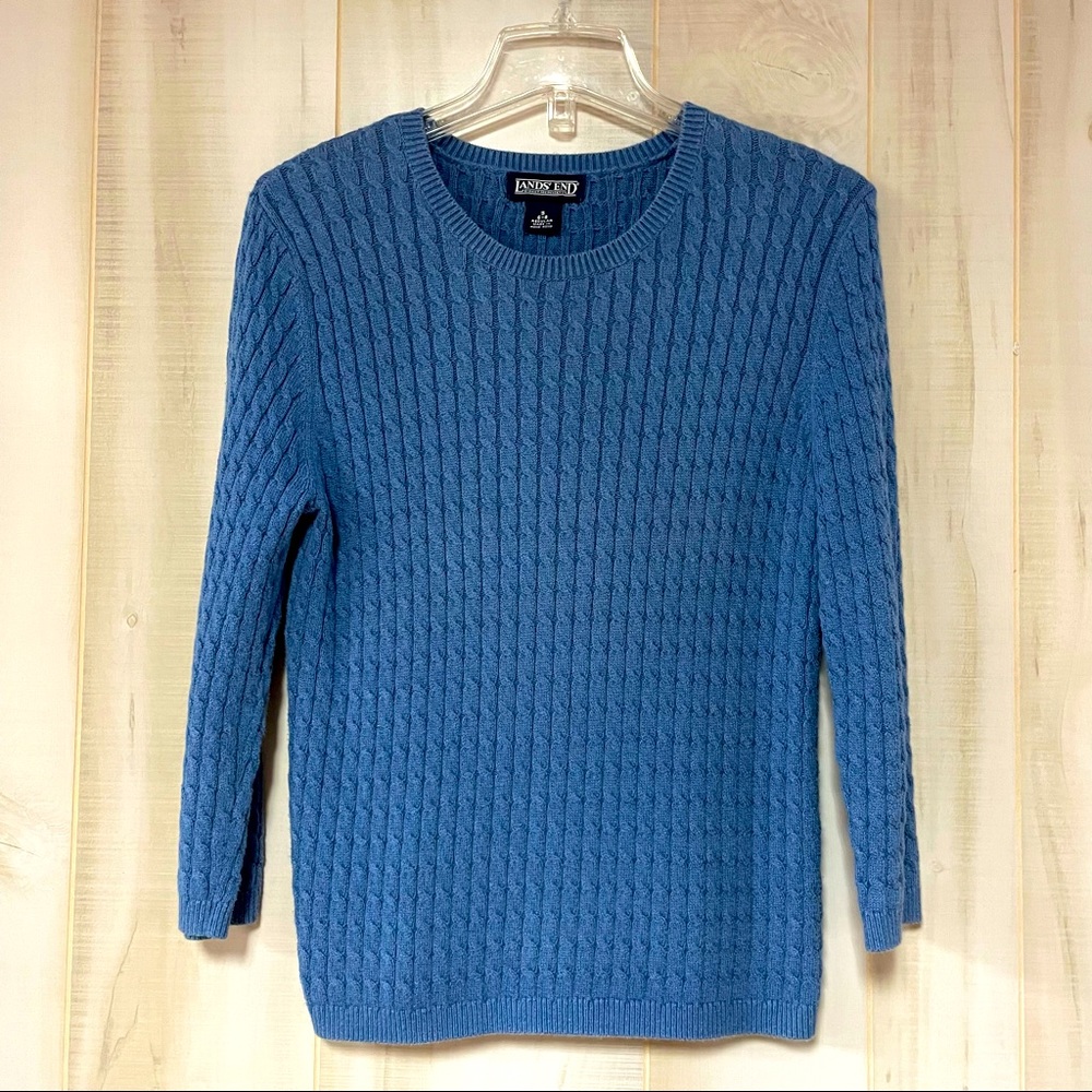 Land’s End Cornflower Blue Classic Cable Sweater S Crewneck